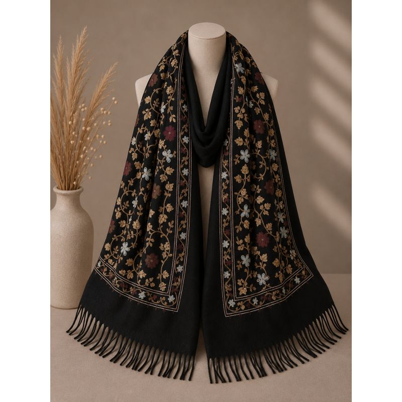 RE-X28 Skjerf mellomtykk viscose m/broderi - sort