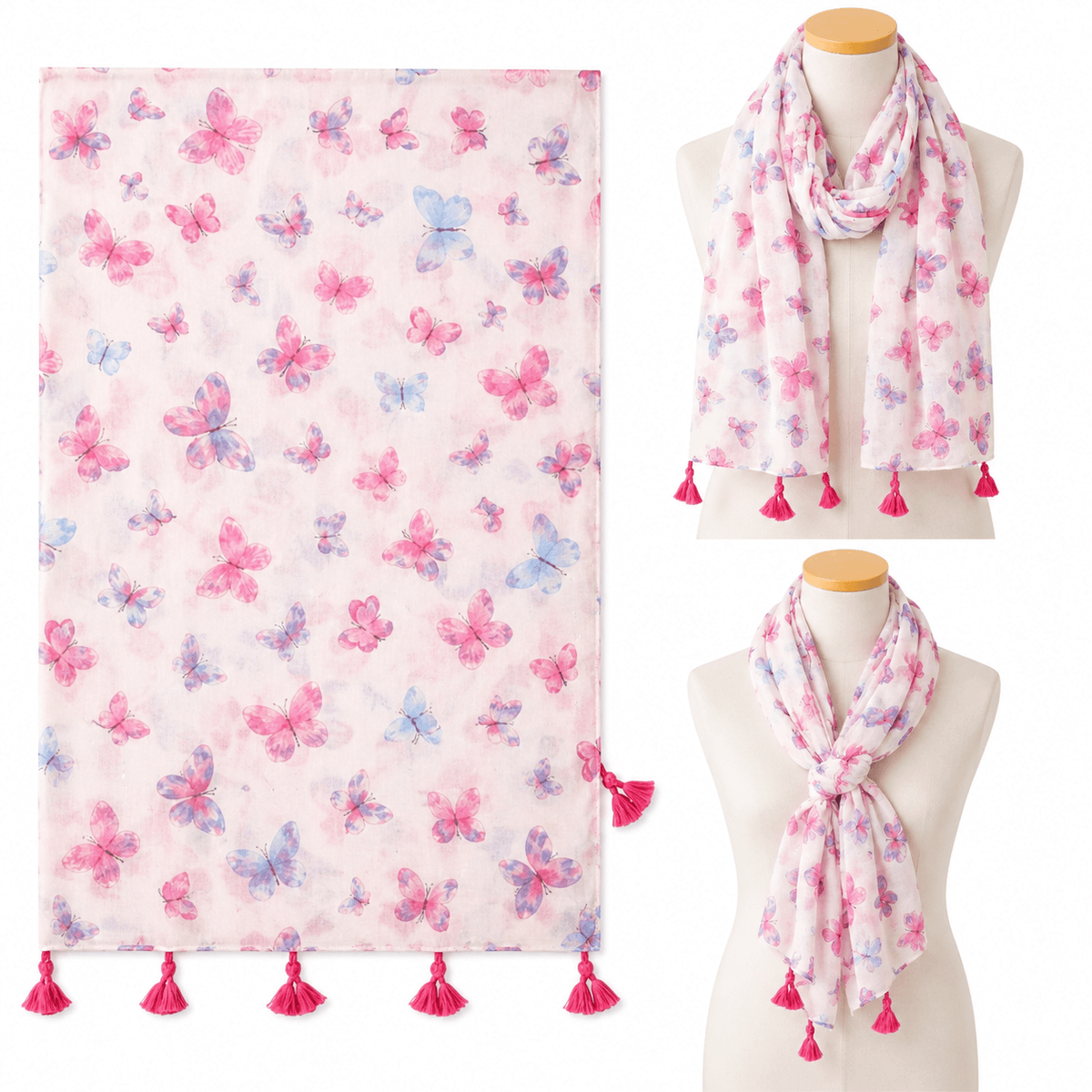Y203 Skjerf viscose/bomull sommerfugl  - rosa