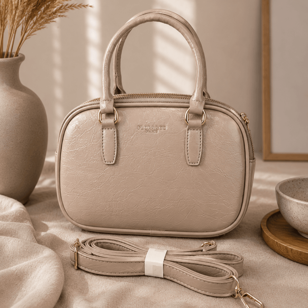 FL9908 veske imitert rustikk skinn - beige KUN 1STK