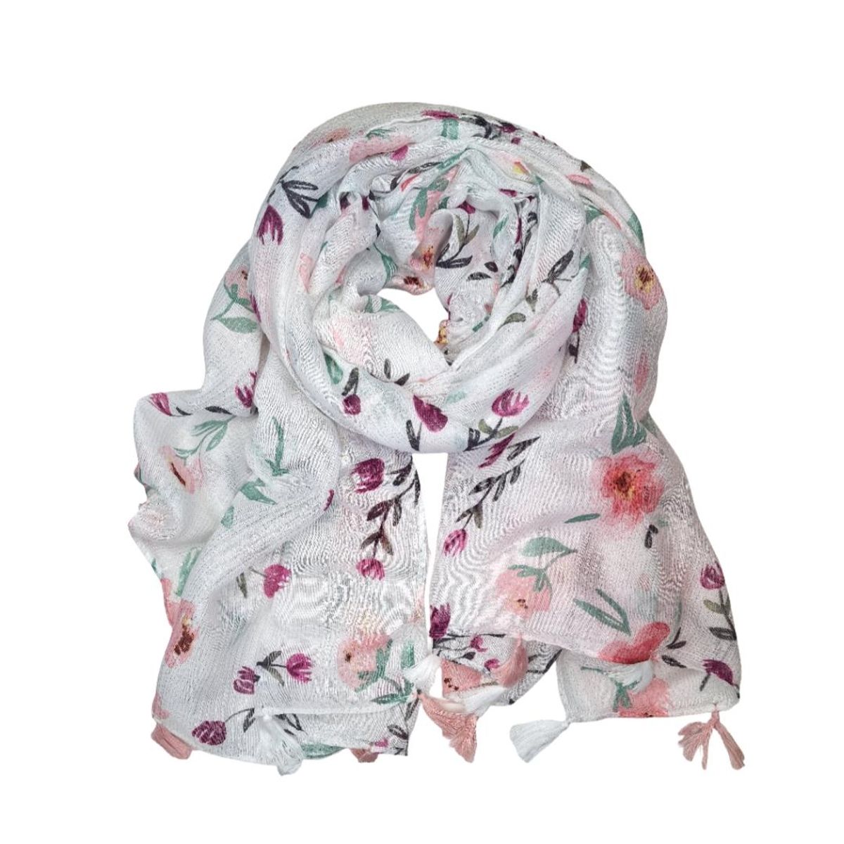 AZ34 Skjerf viscose/bomull blomstret - hvit